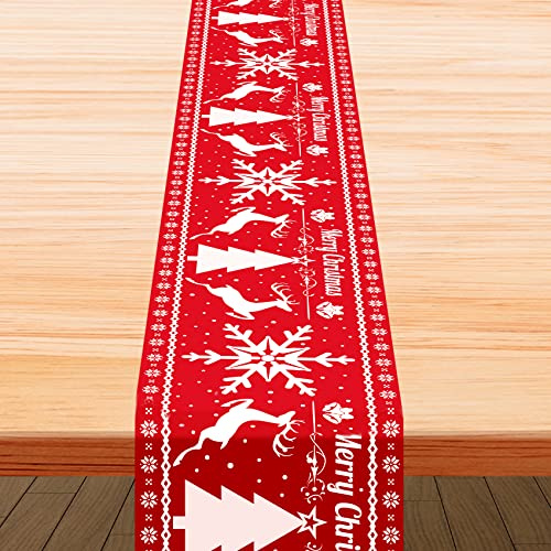 RMMD® Christmas Table Runner 28*270 cm Red Linen Table Runner Xmas Long Table Runners Merry Christmas with White Snowflakes Tree Xmas Table Decorations
