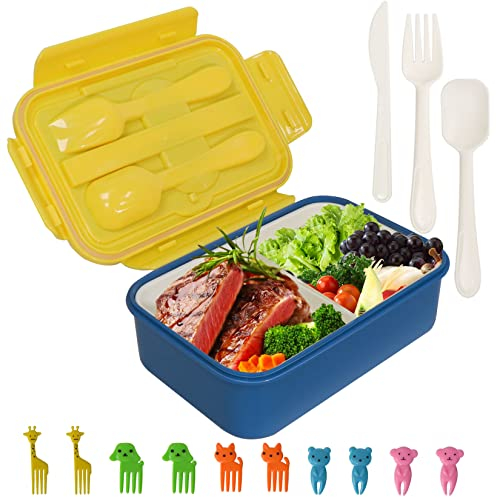 NOZVYCI Porta Pranzo Lunch Box Prova di Perdite, 1400ml Bento Box con 3 Scomparti e Posate Portapranzo per Bambini, [senza BPA], Sicuri per Microonde e Lavastoviglie Scuola, Lavoro, Picnic (Blu)