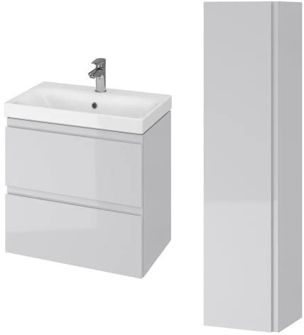 BAD LAND Badmöbel Komplett-Set Moduo Slim 60 Grau Waschbecken-Unterschrank 60cm mit Hochschrank 160cm, Keramikwaschbecken, Badezimmermöbel 2-Schubladen, Hochhängeschrank, Tür mit Spiegel