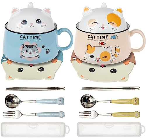 Dhnvcud Lot de 2 bols à céréales en céramique pour ramen - 1020 ml - Avec couvercle - Avec cuillère, baguettes, fourchette, set de table, boîte à vaisselle