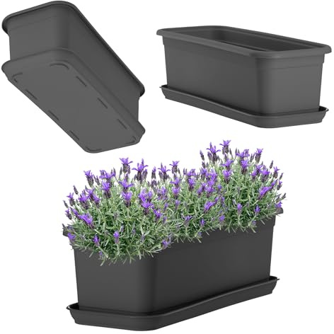 KADAX Växtlåda med fat, planteringskruka av plast för inomhus- och utomhusbruk, blomkruka för balkong terrass fönsterbräda (40 cm, antracit)