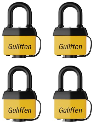 Guliffen Väderbeständigt laminerat hänglås med nyckel, 4-pack utomhus dyna lås med samma nyckel för grind, skjul, släpvagn, förvaring, kedja