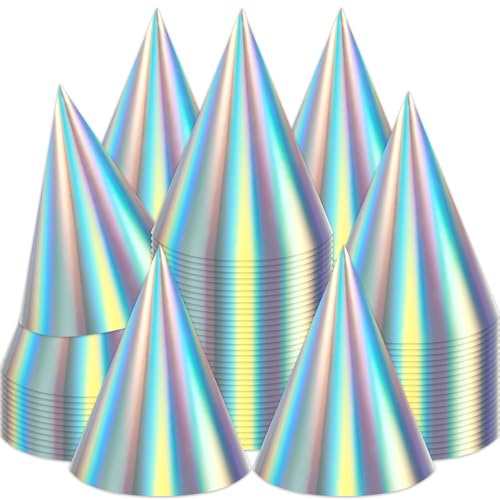 ZOIIWA 48 Pieces Iridescent Party Hats Rainbow Laser Themed Hat Birthday Party Cone Hats with Elastic String for Birthday Parties and Friend gatherings Rainbow Handmade Hat for Kids Baby Shower Boys