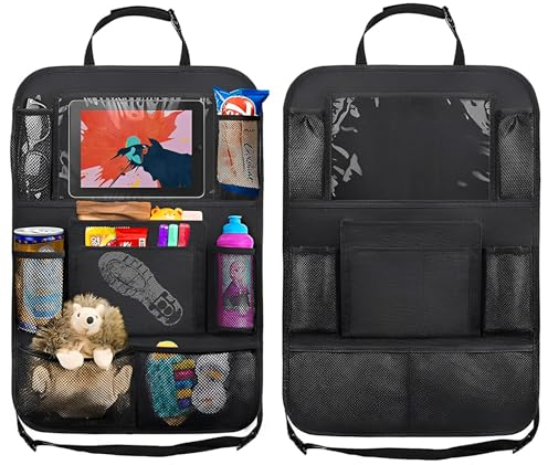 OUZHOU Car Seat Organiser with Clear Touch Screen Tablet Holder, 10 Pockets for Travel, Kids Toys and Food Storage