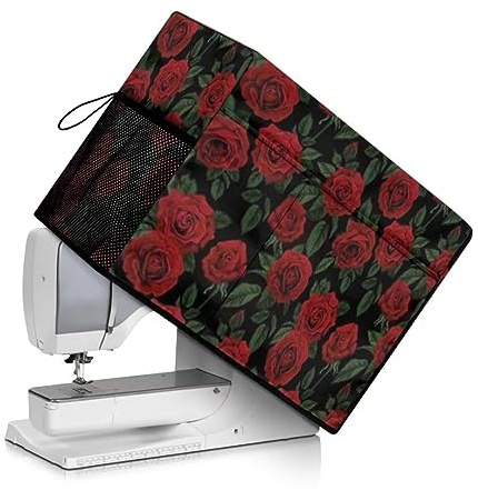 Jeiento Staubschutz für Nähmaschinen mit Aufbewahrungstaschen und Seitengriff, passend für verschiedene Marken, Rote Rose im Vintage-Stil, Kosmetikkoffer