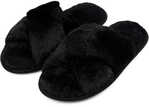 riemot Tofflor Dam,Fluffiga Damtofflor med Öppen Tå,Mjuka Innetofflor med Korsband och Memory Foam för Hem och Sovrum,Svart,EU38/39