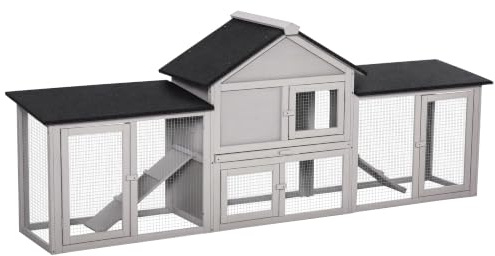 PawHut Clapier Cage à Lapins Rongeurs XXL Nain 210x45,5x84,5cm Gris | Clapier Nain, Toit Bitumé Intégral, Tiroir Déjection, Bois Massif Pin Pré-Huilé