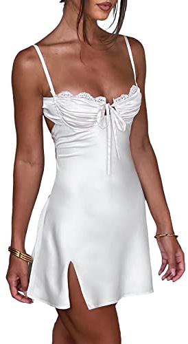 Edhomenn Women Sexy Mini Dress Ruched Wrap Sleeveless Short Dress Square Neck Flower Print Spaghetti Strap Y2k Dress (04 White, S)