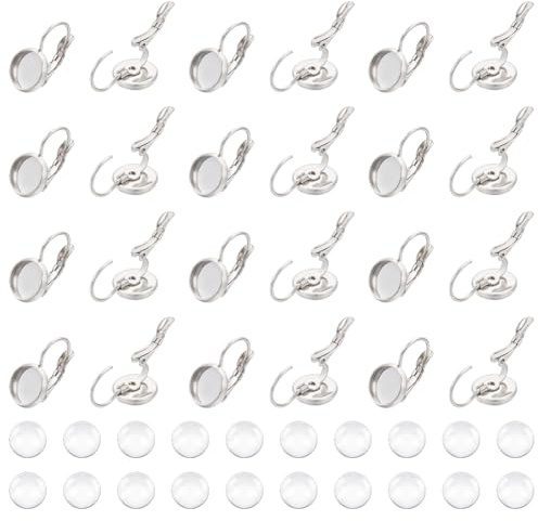 UNICRAFTALE 50 Stück Ohrringe mit Tablett, rund, flach, 8 mm, für die Herstellung von Ohrringen, mit Hebel, Edelstahl, mit Cabochons, transparent, Metall, für die Herstellung von Schmuck