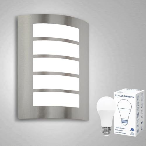 Allesgute Outdoor Wall Lights Mains Powered Curved Outside Lights 6000K | Stainless Steel Exterior Wall Sconce IP44 Waterproof Incl. 1x 12W E27 Bulbs Cool White