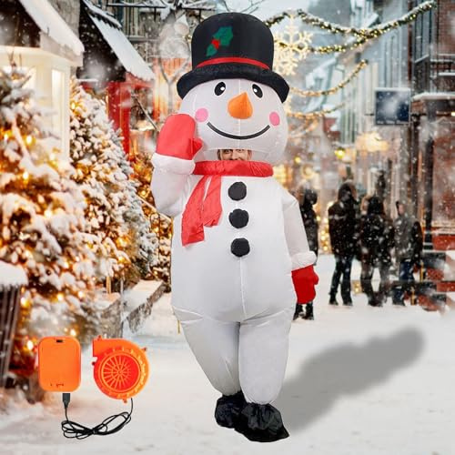 Aufblasbares Schneemann Kostüm, Aufblasbarer Weihnachtskostüm für Erwachsene Aufblasbar Kostüm Batteriebetrieben Weiß Schneemann Aufblasanzug für Weihnachten Halloween Anziehparty Geburtstag