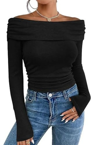 SHEKINI Womens Long Sleeve Tops Slim Fit Off Shoulder Blouse Top Fashion Casual T-Shirt Top, Black, M