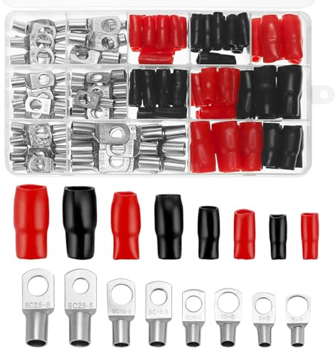 QWORK® 140 Stück Rohrkabelschuhe Set, 70 Batterieklemmen （25mm² 16mm² 10mm² 6mm²) und 70 Isolierabdeckungen für Kfz Batteriekabel