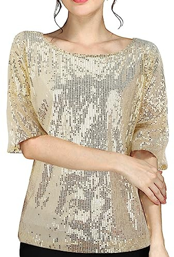 Yekdmxop Top Donna Elegante con Paillettes Argento Manica Lunga Tops Strass Capodanno Maglia Curvy Girocollo Maglietta Taglie Forti Glitter Oro Magliette Cerimonia Brillantini Blusa Natale Camicia