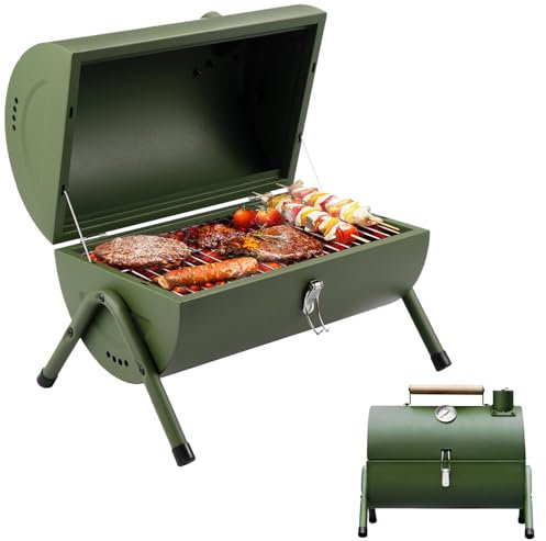 Camping Portable BBQ Barbecue Grill Outdoor Compact Smoker Portable Oil Drum Barbecue,Ideal for Camping, Festivals & Picnics, Tabletop Grill Green