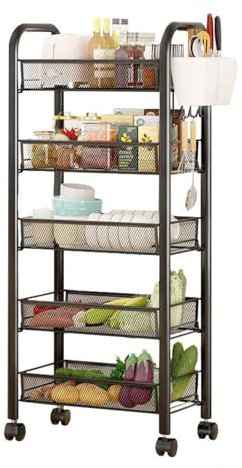 bephible Fruit Vegetable Storage Basket, 5 Tier Stackable Metal Mesh Storage Basket with 360 Degree Wheels, Fruit Vegetable Storage Organizer for Kitchen, Pantry, Bathroom White 5-Layers