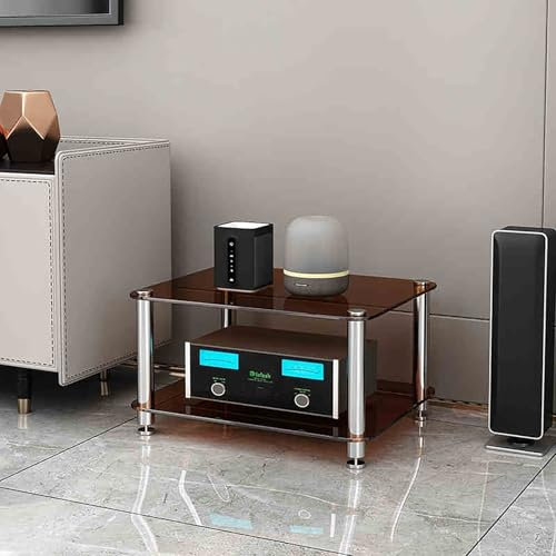 ZIHESY Audio Rack HiFi Regal Multifunktionales Ablageregal Stabiler Metallrahmen, TV Rack HiFi Regal Audio Schrank Glas Ablage, für DVD Spieler Spielkonsolen(Brown,35cm/13.8in)