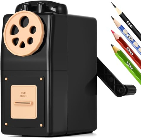 GUCOLUBU Manual Pencil Sharpener Desktop Pencil Sharpener with Container 5 Grades of Thickness and 6 Pen Hole Calibers (6-12mm) Self-Adjustable Suitable for Students Kids Artists (Black)