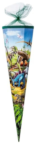 Familando große Schultüte für Jungen und Mädchen Zuckertüte 85cm 6-eckig mit Tüllverschluss zur Einschulung (Dinosaurier)