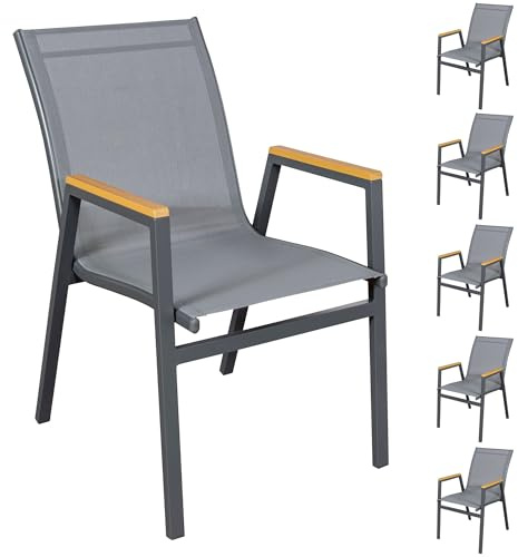 Raburg Texas Gartenstuhl, 6er-Set, Aluminium, stapelbar, Anthrazit, Outdoor | Belastbarkeit ca. 120 kg, mit Armlehnen, wetterfest, pflegeleicht, für Garten, Balkon und Terrasse