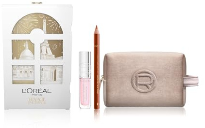 L'Oréal Paris Pochette Regalo Make Up con Lucidalabbra Plump Ambition e Matita Labbra Color Riche, Per i Tuoi Look Festivi, Con Elegante Pochette Champagne in Velluto, 101 Crystal Clear, 236 Organza