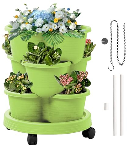 Zunishaone Giardiniere Verticale | Fioriera Impilabile | Tornio a 3 Livelli con Ruote Rimovibili e Strumenti per Verdure Fragole Fiori all'aperto su Balcone Patio o Giardino