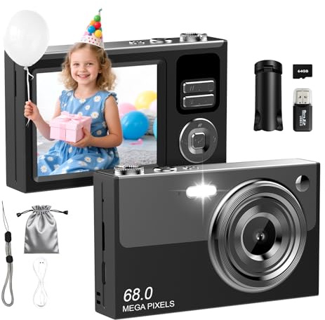 Digitalkamera 4K 64MP Fotokamera 16X Digitalzoom Kamera, Vlogging Fotoapparat Kompaktkamera mit 2,8 LED Bildschirm, 64G Micro Speicherkarte, 1 Akku für Kinder Teenager Studenten Anfänger-Schwarz