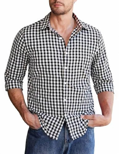 Halfword rutiga skjortor män långärmad bomull rutig skogsarbetare oktoberfest Gingham toppar vardaglig affärsblus, Svart, 3XL