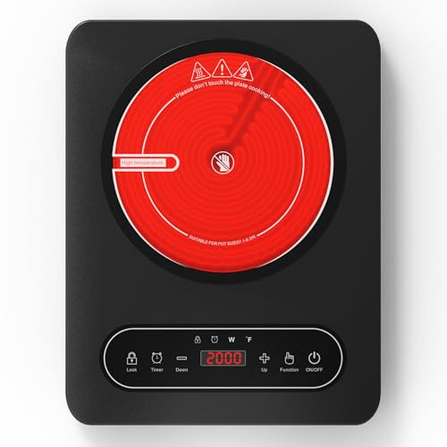 VBGK Placa Vitroceramica Portatil, 2000W Portátil con Temporizador, 10 Niveles de Potencia, 220V~240V con Enchufe, Cocina Eléctrica Portátil con Temporizador, Bloqueo de Seguridad, Controles Táctiles
