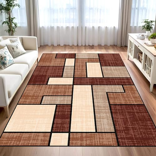 MUOUCTE Modern Geometric Area Rug, 160x230cm, Stylish Multicolor Design Patchwork Blocks Brown Carpet, Non Slip Backing Easy Care Breathable Hall Rugs for Bedside Kitchen