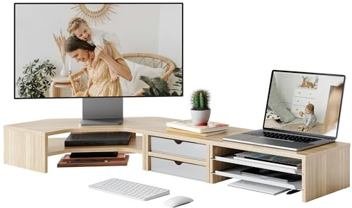 Fenge Soporte Monitor Escritorio 3 en 1, Elevador Monitor Doble con Cajones, Bandejas Extraíbles, Angular Forma en L, Combinación Libre, para Oficina Casa, PC, Portátil, Impresora, TV (Roble)