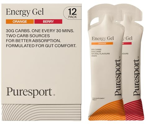 Puresport Fast-Release DualCarb Energy Gels Variety Pack, 12 Gels | 30g 2:1 glucose-fructose carbs for marathon, cycling & triathlon, gentle on stomach, informed sport tested