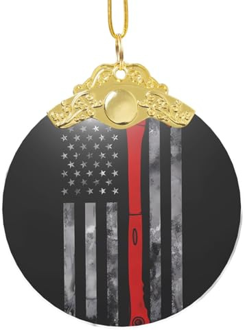 Gold Glass Round Pendant - Firefighter Axe Red Line Flag Full Print Christmas Tree Hanging Ornament for Home, Garden, and Office Decor