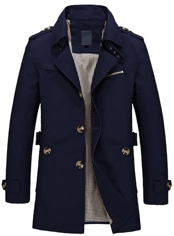 Herr Notch Lapel Single Breasted Pea Coat Mjuk Elegant Vindjacka Kontor Trenchcoat Herr Mellanlängd Ytterrock, Blå 1, 3XL