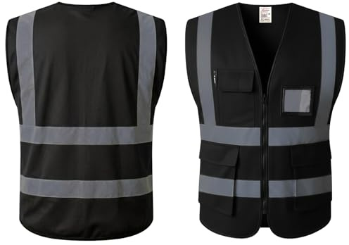 eforeasy Hi Vis Vest Black Zipped with Pockets – Reflective Executive Safety Vest for Security, Cycling & Construction – High Visibility Workwear Unisex