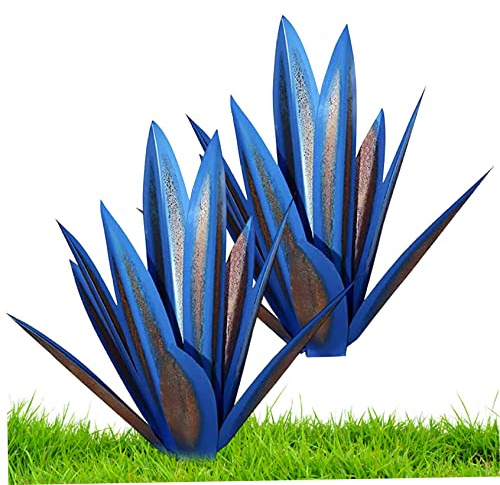 Grtheenumb Statue d'agave de Jardin | 2 pièces, décoration de Jardin en Tequila, Sculpture Rustique en métal, Art Cour en métal pour décoration pelouse extérieure, Bleu