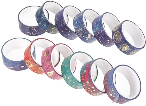 UKCOCO Rubans Adhésifs Washi Décoratifs Étoiles et Ciel Nocturne, 12 Pièces, Ruban Adhésif Fin Imprimé, Autocollants pour Scrapbooking, Journaux et Loisirs Créatifs