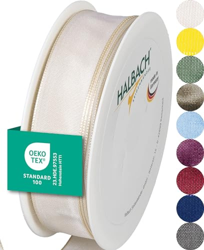 Halbach Geschenkband mit Drahtkante, 25 mm x 25 m, creme | Taftband mit formbarer Drahtkante aus 100% Acetat, Made in Germany, Öko-Tex 100 zertifiziert, wetter-/wasserfest