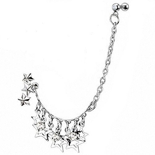 Piercingfaktor Piercing Ohr aus Chirurgenstahl mit Kristall Helix Tragus Ohrpiercing Cartilage Stab Barbell Strass Stern Kette Lang Silber Clear