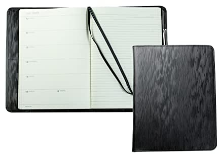 DELMON VARONE - Personalisierbares Kalenderbuch 2027 DIN B5 Manhattan Leder schwarz - Organizer Familienplaner (1 Woche 1 Seite) - Buch-Kalender Ledereinband - Notizbuch Planer Stiftschlaufe