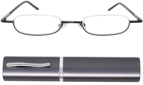 Schmale Metall Mini Lesebrille Halbrand mit Slim-Fit Alu-Etui | Nur 14 g, schmale Gläser, Nasenpads und Slim-Fit-Etui für Tasche, Büro und Alltag.