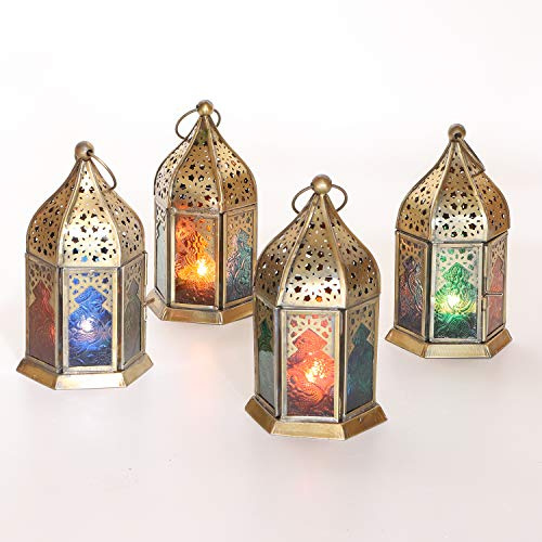 Ramadan Windlicht Nael Multi 4 Set aus Metall, Reliefglas bunt Höhe 16 cm, Marokkanische Glaslaterne 4-Set in Antik-Messing-Look für Ramadan Deko drinnen & draußen WDL1040