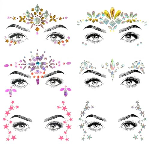 SHINEYES 6 Pcs Gesicht Körper Augen Temporäre Tattoos Gesicht Juwelen Aufkleber Glitter, Hergestellt aus Edelsteinen Rhinstone Kristalle für Rave Karneval Maskerade Musik Geburtstagsfeier Festival