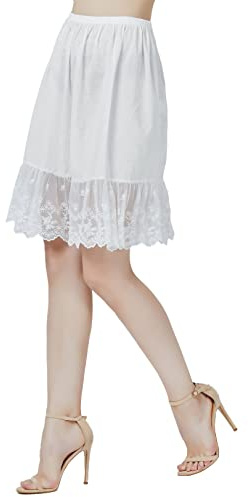 BEAUTELICATE Jupon sous-Jupe sous-Robe Lingerie Courte en Pur Coton avec Ourlet Plissé Chiffon A-Line Ample Grande Taille De Femme Fille Été Ivoire Clair Ourlet Dentelle 55cm, L