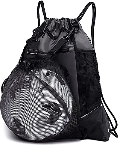 KAEGREEL Drawstring Soccer Bag, Foldable Basketball Backpack Gym Bag Sackpack Sports Sack with Detachable Ball Mesh Bag for Volleyball Baseball Yoga, Grey