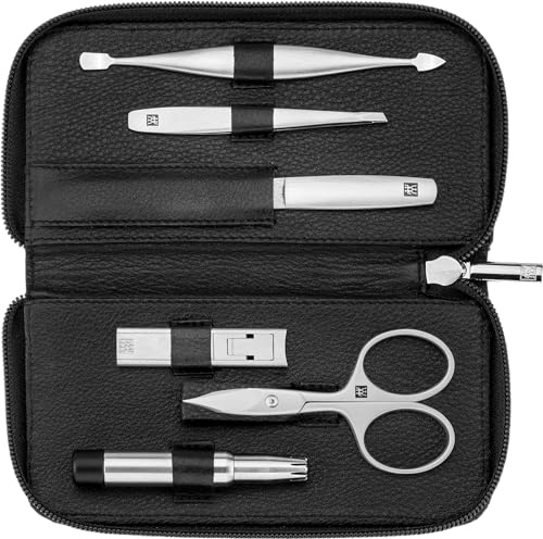 ZWILLING Maniküre-Set (6 teilig, Nagelpflegeset und Pediküre, Rindleder mit Reißverschluss, mit Kompakt Nagelknipser), Premium, Schwarz