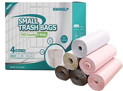 Kleine Müllbeutel 15 Liter, Gallonen Müllbeutel, Badezimmer, Recycling Müllbeutel für Schlafzimmer, Zuhause, Küche, 240 Stück 6 Rollen