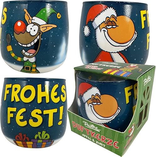 United Labels Ralph Ruthe Kerze im Glas, Duftkerze Apfel und Zimt, XMAS Frohes Fest Santa und Rudi, Geschenk Duftkerze Weihnachten