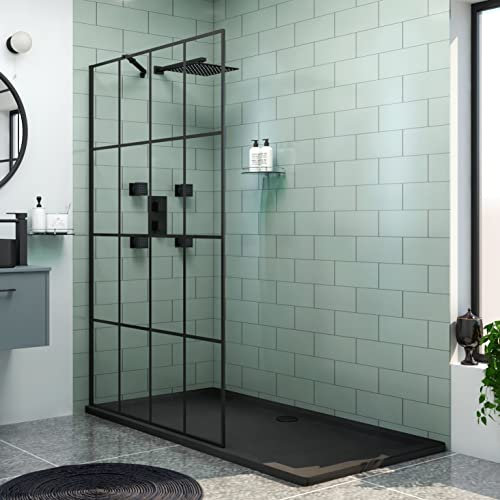 Milan 700mm Walk in Wetroom Matt Black Grid Shower Screen for Enclosure 8mm Easy Clean Toughened Safety Glass & Top Support Arm