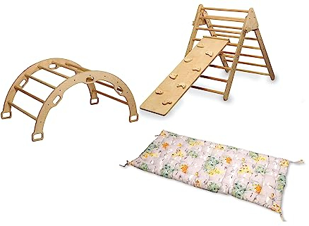 Montessori Kletterset | Kletterdreieck Kletterbogen & Felswand Rampe | Kletterbogen mit Kissen | Holz Kletterset mit Kissen | Klettergerüst Set mit Rampe und Kissen (Map)
